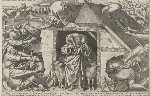 „Ego sum ostium ovium” – „Ja jestem bramą dla owiec” głosi napis na drzwiach na rycinie Philipsa Galle z XVI w. Pokazuje ona dramatyzm przypowieści o Dobrym Pasterzu – by chronić swoje owce, naraża on też swoje życie fot. Sepia Times/Universal Images Group/Getty Images