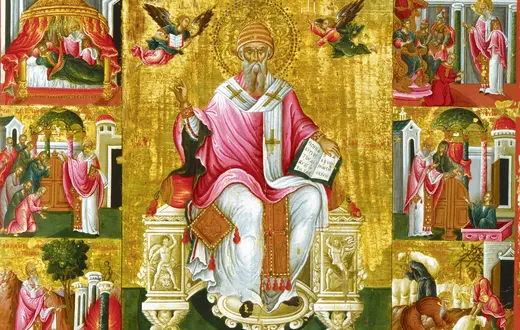 Święty Spirydon, biskup Trimitus, ze scenami z życia, Theodoros Poulakis, XVII wiek. Praca pochodzi ze zbiorów Muzeum Benaki w Atenach | fot. Fine Art Images/Heritage Images/Getty Images