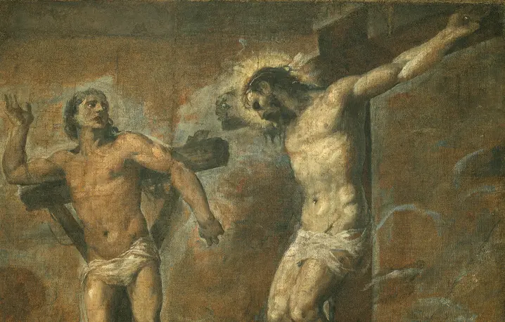 Chrystus i Dobry Łotr. Obraz Tycjana z 1565 r. znajduje się w Galerii Narodowej w Bolonii we Włoszech fot. Mondadori Portfolio/Contributor/Getty Images Chrystus i Dobry Łotr. Obraz Tycjana z 1565 r. znajduje się w Galerii Narodowej w Bolonii we Włoszech fot. Mondadori Portfolio/Contributor/Getty Images