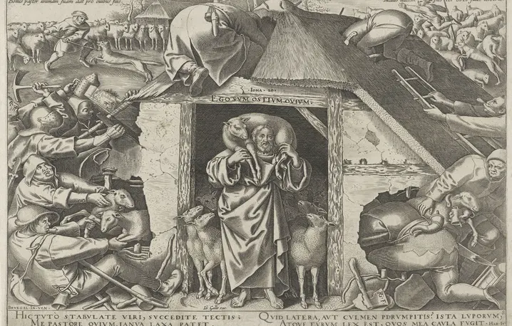 „Ego sum ostium ovium” – „Ja jestem bramą dla owiec” głosi napis na drzwiach na rycinie Philipsa Galle z XVI w. Pokazuje ona dramatyzm przypowieści o Dobrym Pasterzu – by chronić swoje owce, naraża on też swoje życie fot. Sepia Times/Universal Images Group/Getty Images „Ego sum ostium ovium” – „Ja jestem bramą dla owiec” głosi napis na drzwiach na rycinie Philipsa Galle z XVI w. Pokazuje ona dramatyzm przypowieści o Dobrym Pasterzu – by chronić swoje owce, naraża on też swoje życie fot. Sepia Times/Universal Images Group/Getty Images