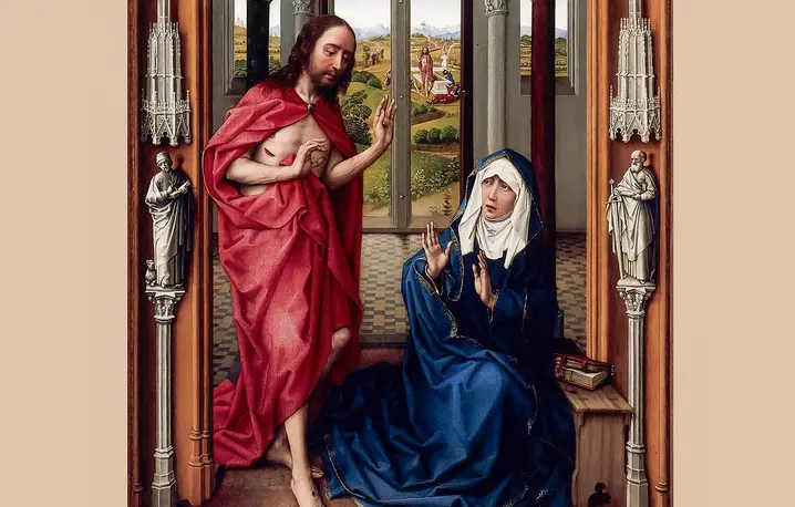 Rogier van der Weyden, Zmartwychwstały Chrystus ukazuje się Maryi (fragment lewego skrzydła tzw. Tryptyku z Miraflores), ok. 1440 r. fot. WIKIPEDIA Rogier van der Weyden, Zmartwychwstały Chrystus ukazuje się Maryi (fragment lewego skrzydła tzw. Tryptyku z Miraflores), ok. 1440 r. fot. WIKIPEDIA