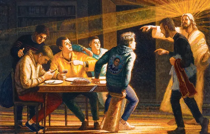 Obraz Brunona Desroche'a aktualizuje scenę biblijną przedstawioną w dziele Caravaggia. Tak jak życie św. Stanisława Kostki pokazuje on, że powołanie każdego człowieka jest tajemnicą i zaczyna się od osobistego spotkania | fot. Materiały prasowe/brunodesroche.fr Obraz Brunona Desroche'a aktualizuje scenę biblijną przedstawioną w dziele Caravaggia. Tak jak życie św. Stanisława Kostki pokazuje on, że powołanie każdego człowieka jest tajemnicą i zaczyna się od osobistego spotkania | fot. Materiały prasowe/brunodesroche.fr