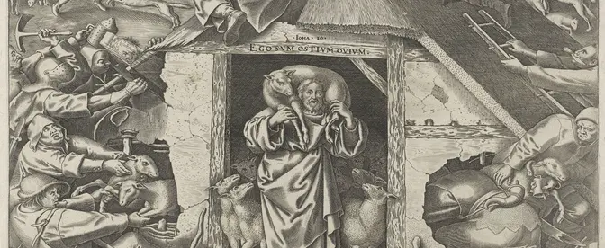 „Ego sum ostium ovium” – „Ja jestem bramą dla owiec” głosi napis na drzwiach na rycinie Philipsa Galle z XVI w. Pokazuje ona dramatyzm przypowieści o Dobrym Pasterzu – by chronić swoje owce, naraża on też swoje życie fot. Sepia Times/Universal Images Group/Getty Images