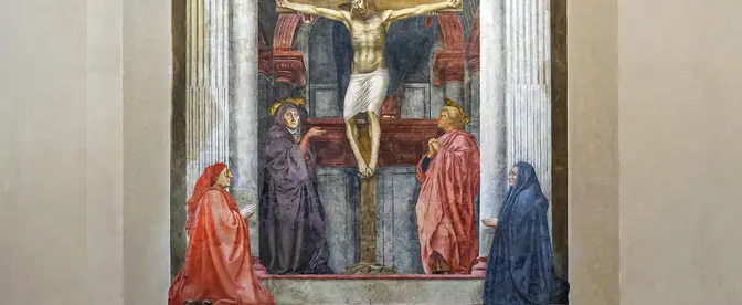 Renesansowy fresk Masaccia, Trójca Święta (ok. 1425–1427), w Bazylice Santa Maria Novella we Florencji. Widoczni na zdjęciu zwiedzający pozwalają poczuć monumentalną skalę tego przełomowego dzieła sztuki sakralnej | fot. Flickr